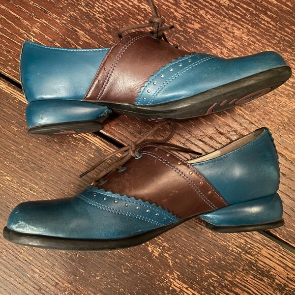 RARE Fluevog Erika Loafers Lace Up Brown Blue Selling as-is CUTE Retro Size 7 - Picture 3 of 13